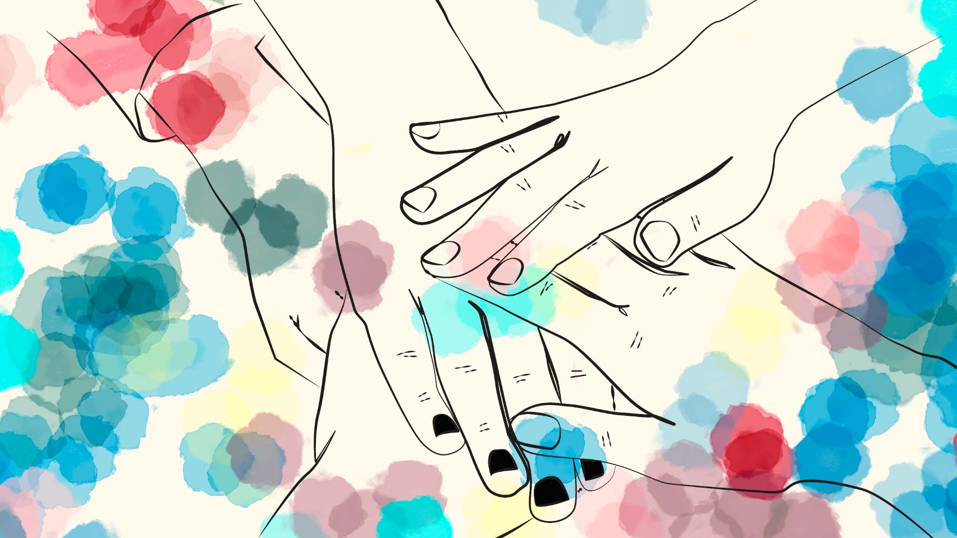 Illustration of four hands one on top of another, with akvarell splashes in different colors around them.