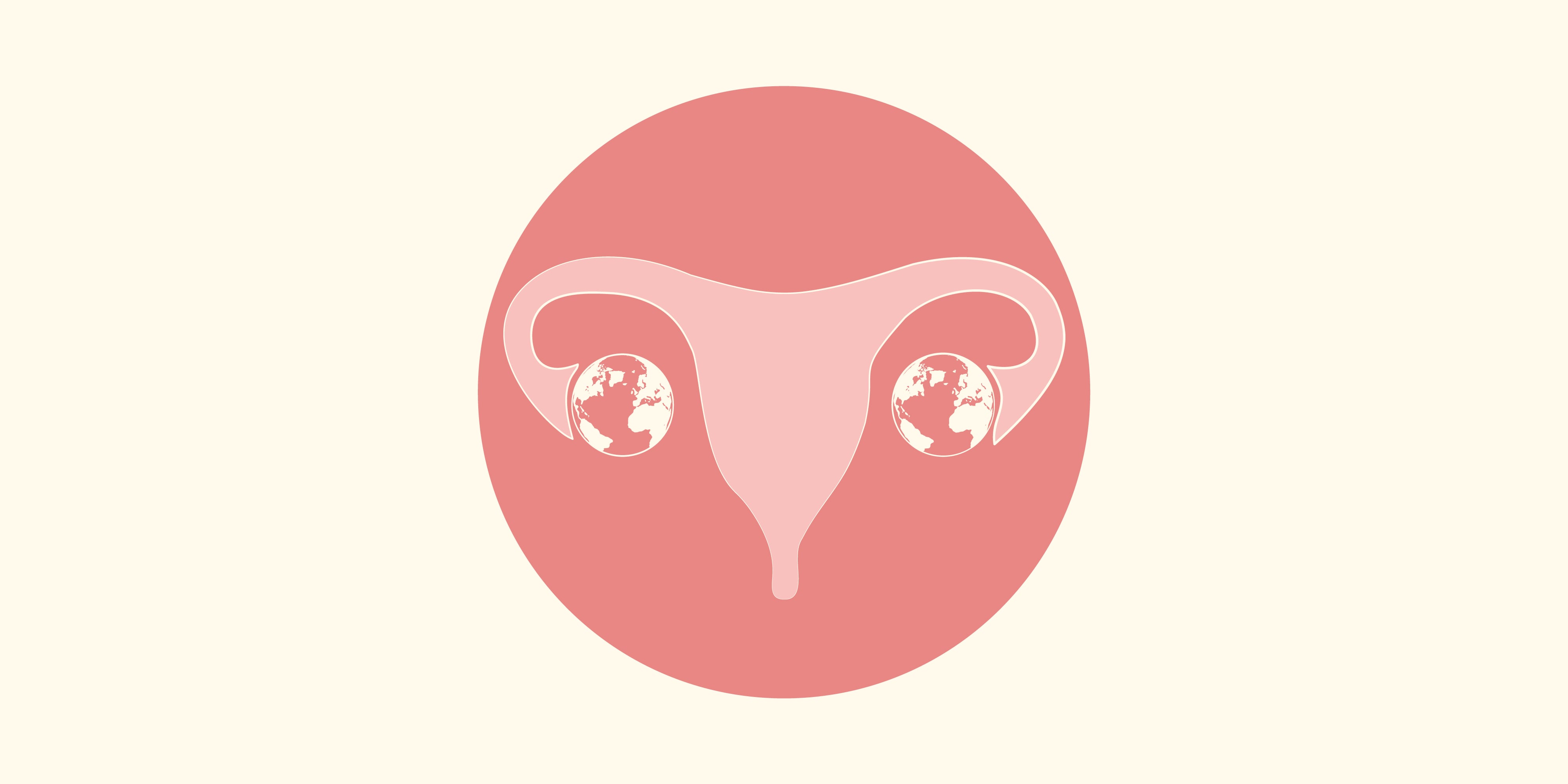 Illustration of a uterus. The ovaries are world globes.