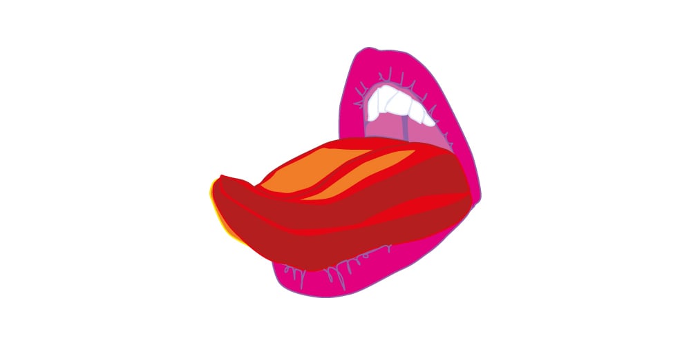 Illustration på en rosa mun med en röd tunga som sticker ut.