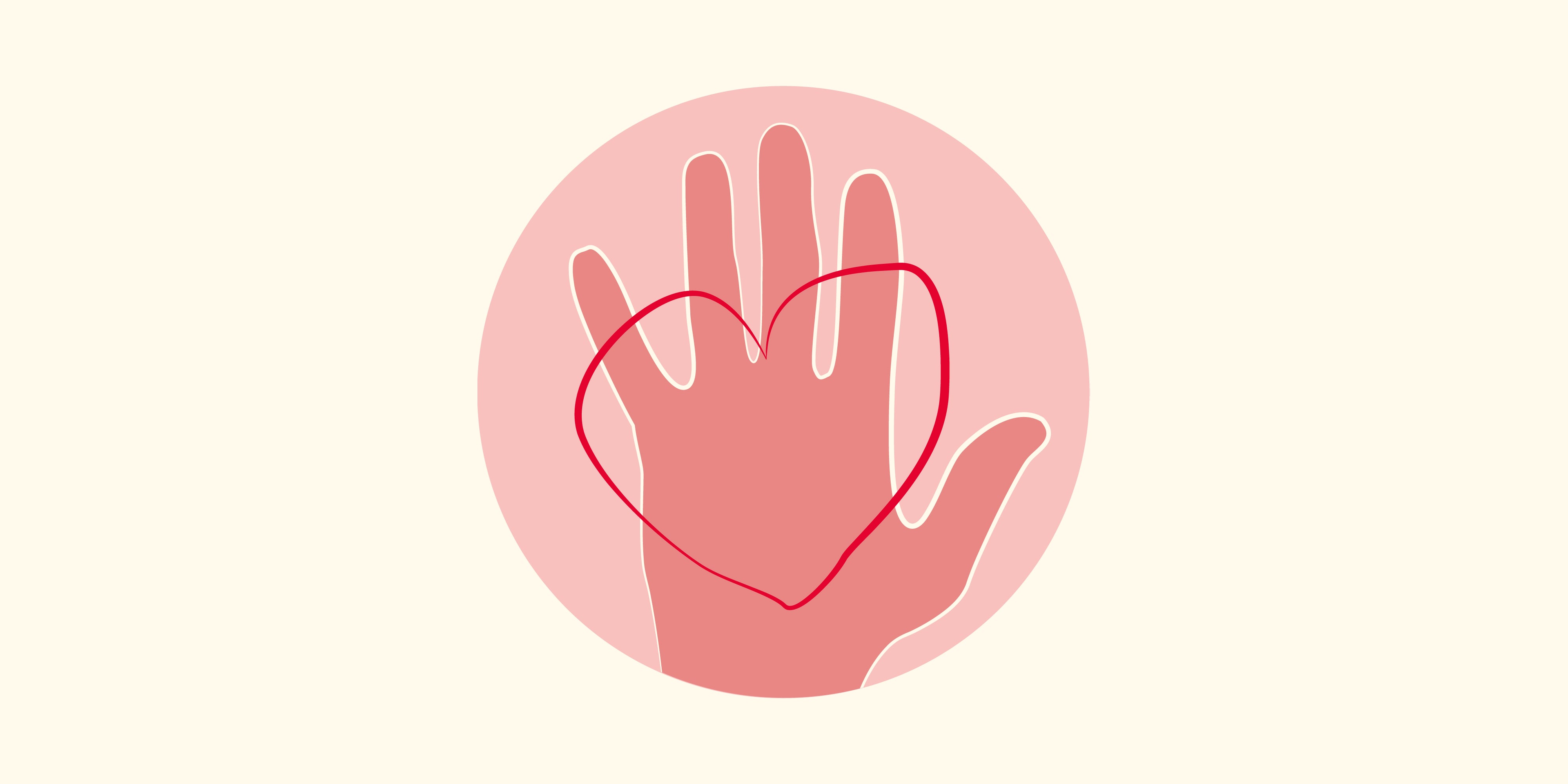 Illustration of a hand with a red heart drawn over it.