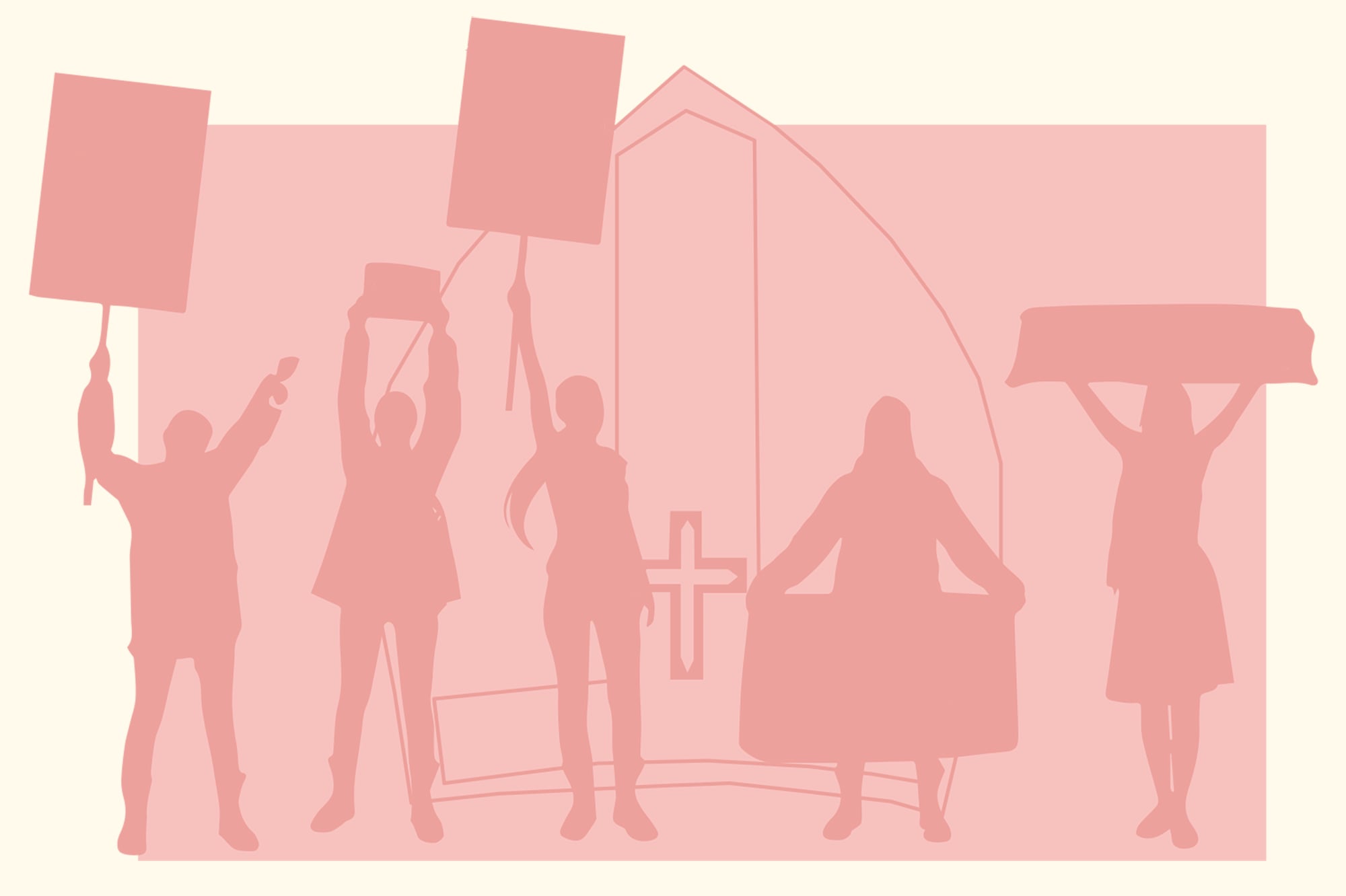 Illustration i rosa toner på människor som håller plakat och ett kors.
