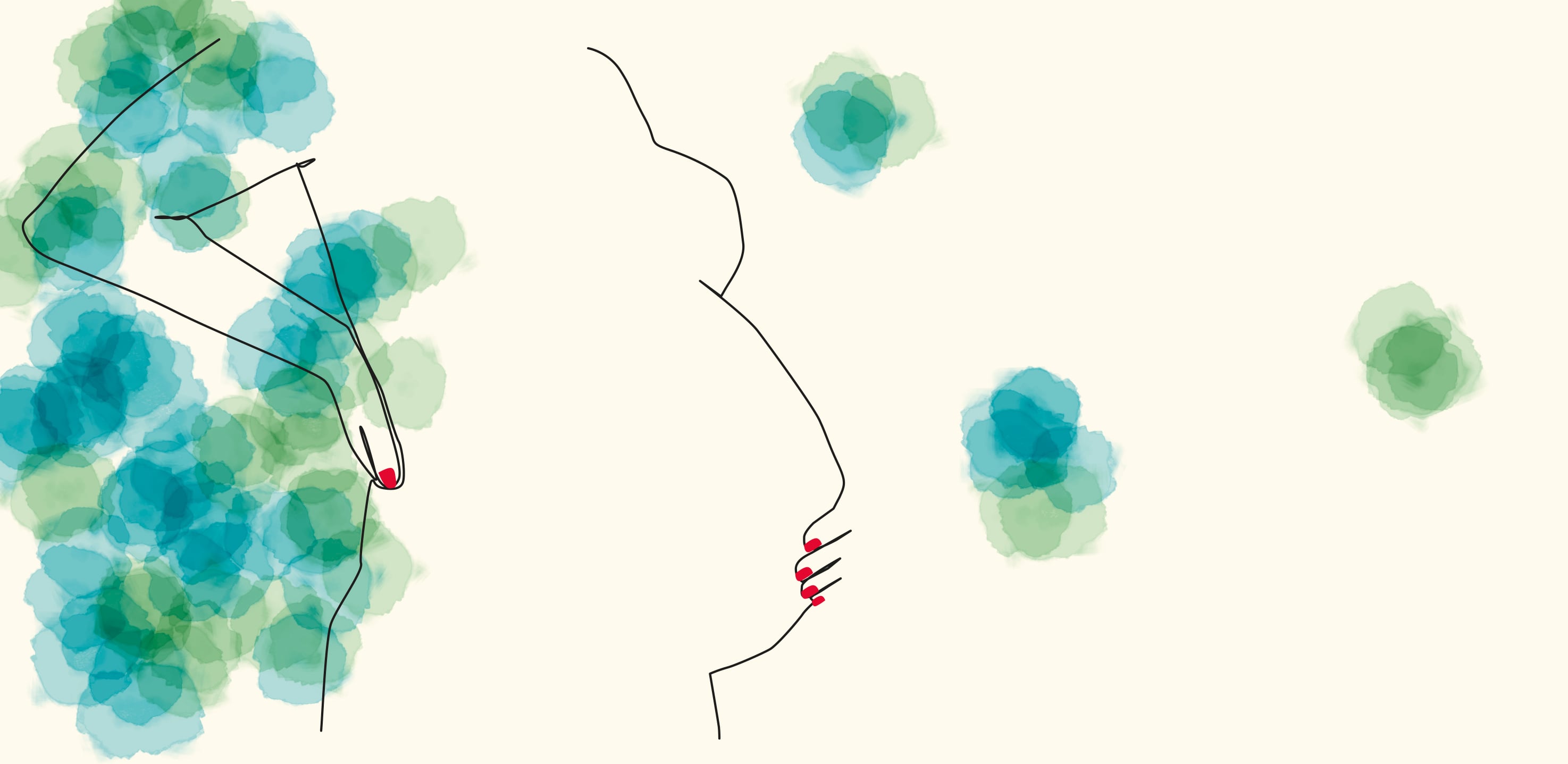 En minimalistisk linjeteckning som visar en gravid kropp i profil med en hand med röda naglar mot magen, omgiven av blå och gröna akvarelliknande fläckar.