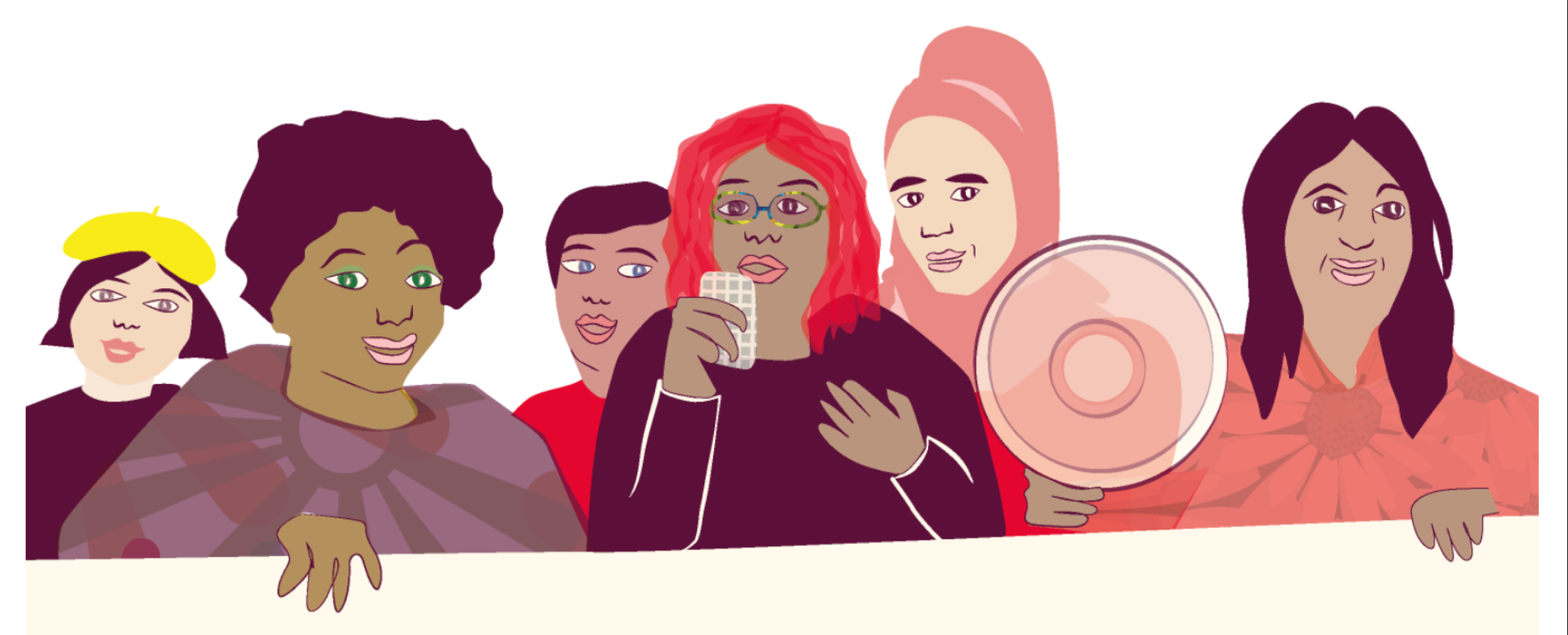 Illustration på en grupp kvinnor med enmegafon.
