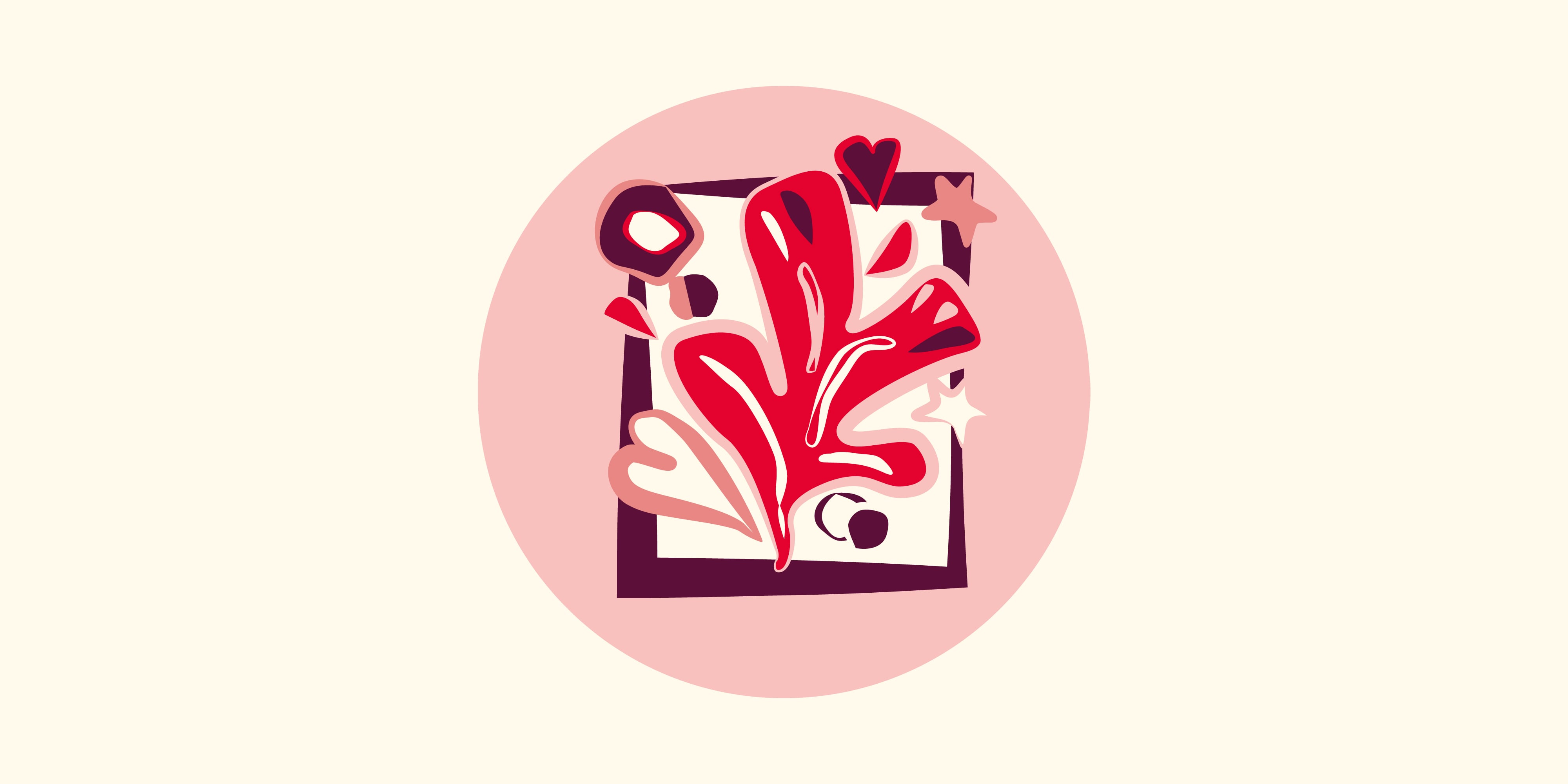 Illustration of a book with abstract red and burgundy plants coming out of it.