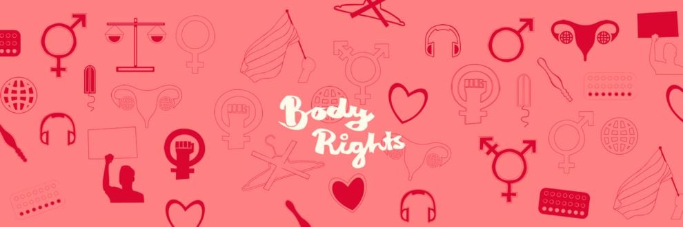Ikoner på hjärtan, p-piller, mensskydd, med flera på en rosa bakgrund med vita bokstäver: Body Rights.