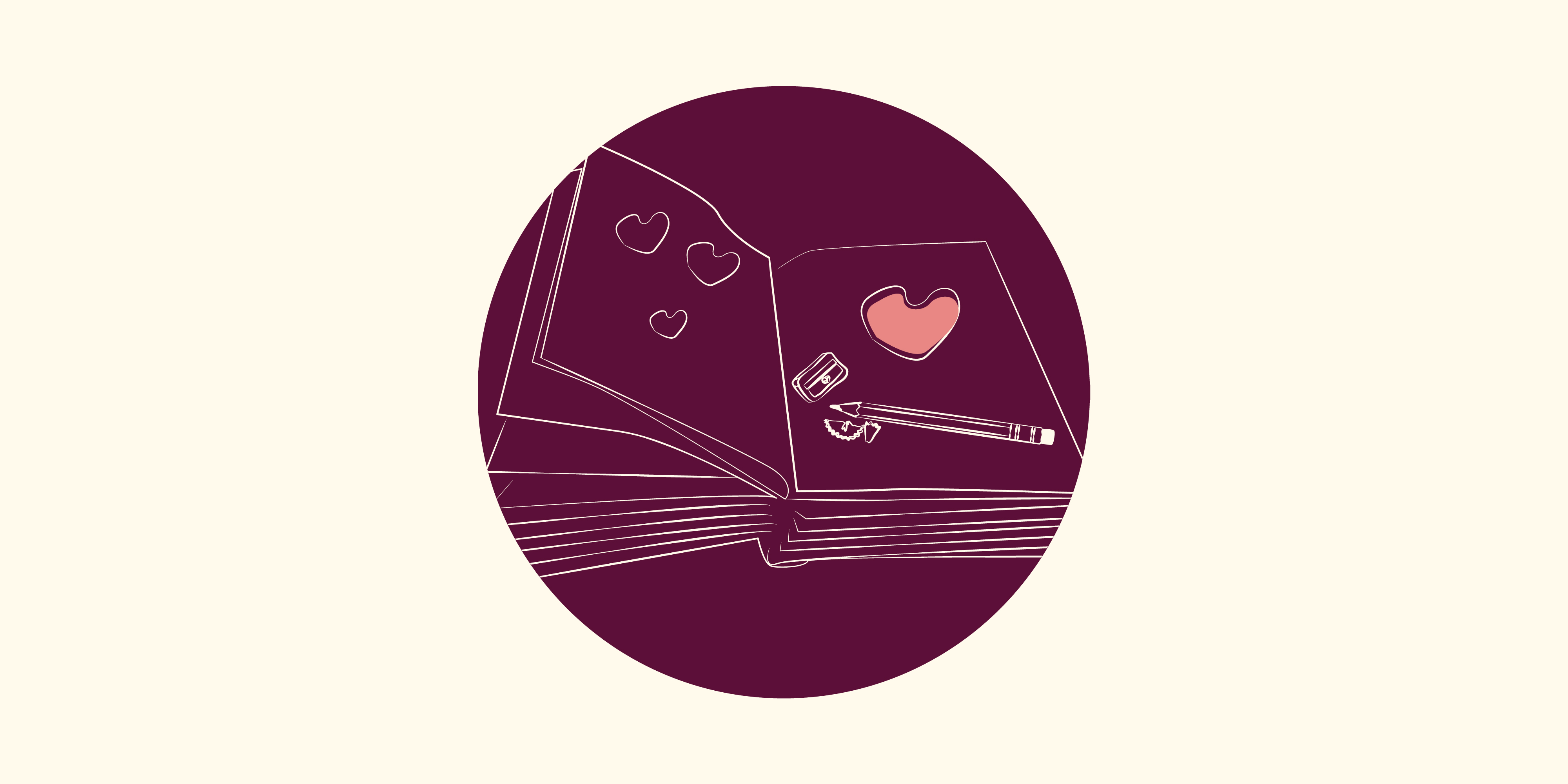 Illustration of a book with hearts, a pencil and a pencil sharpener.