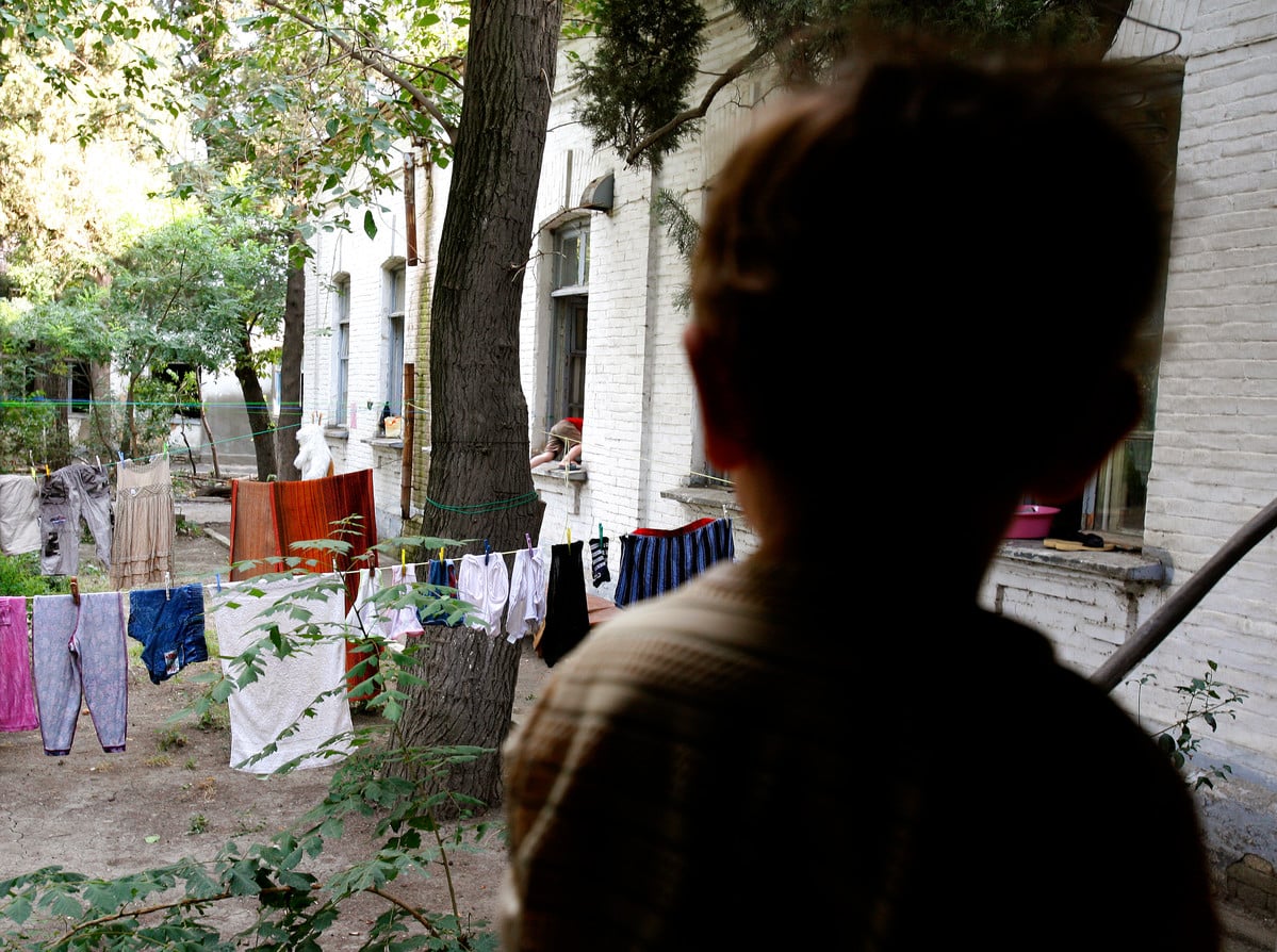 Back of the head of a toddler to a yard where clothes are hanging for dry.