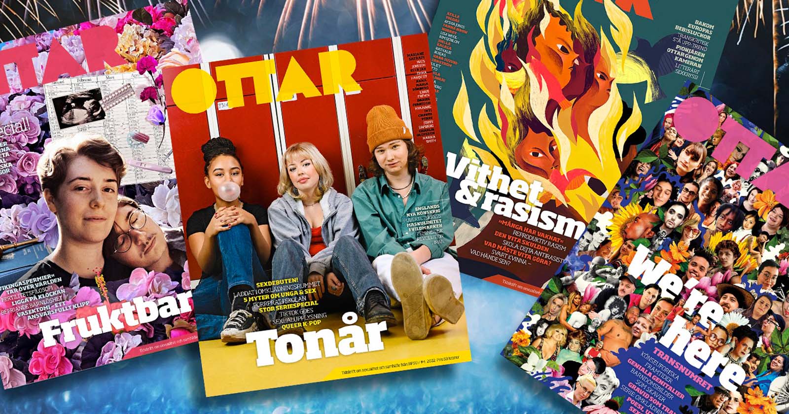 Fyra nummer av tidskriften Ottar med teman Fruktbar, Tonår, Vithet & rasism och We're here (transnumret)