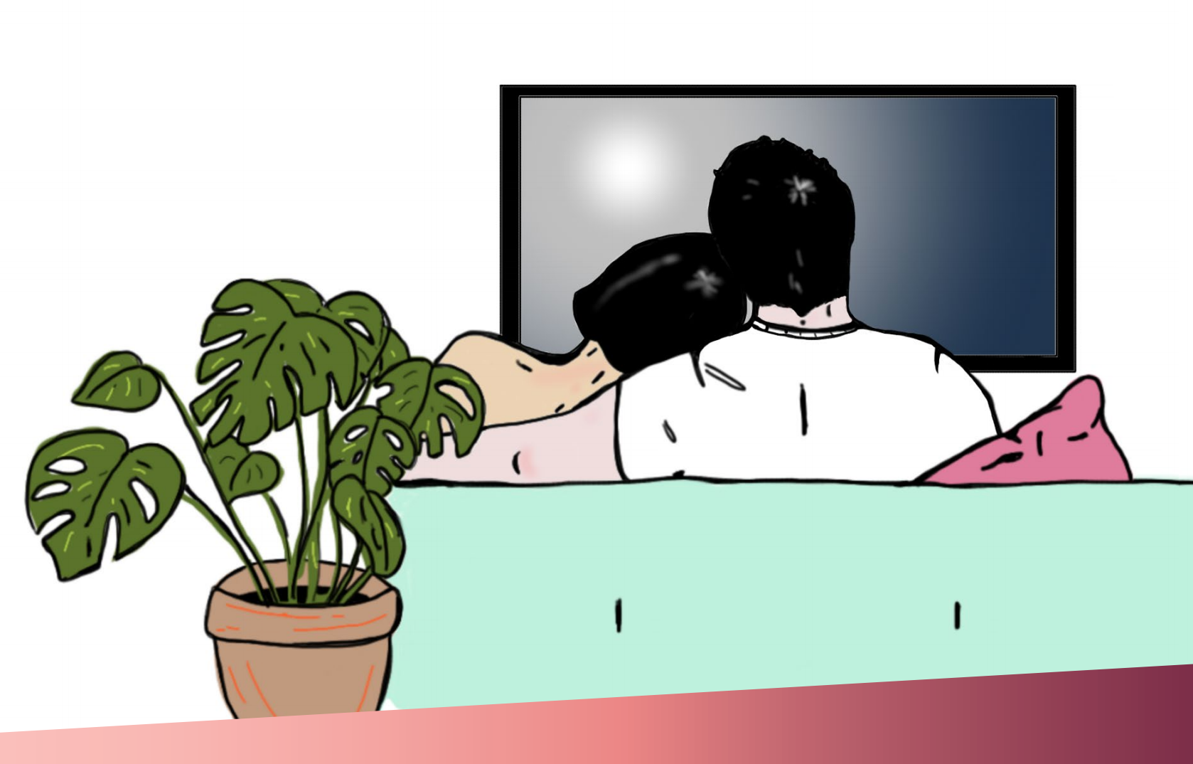 Illustration på två personer bakifrån som sitter på en soffa nära varandra och en TV framför dem.