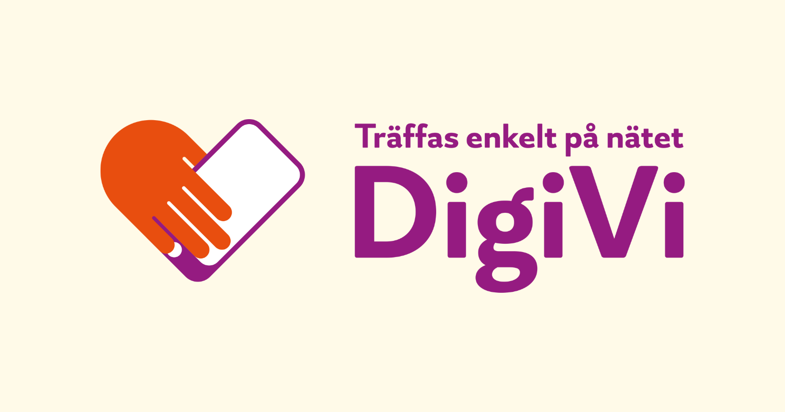 Illustration av en hand som håller en mobiltelefon. Båda formar ett hjärta. Det står: Träffas enkelt på nätet. DigiVi.