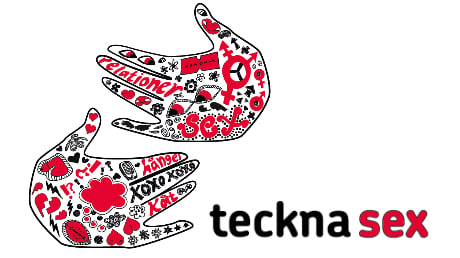 Illustration på två händer med svarta och röda mönster med texten: teckna sex.