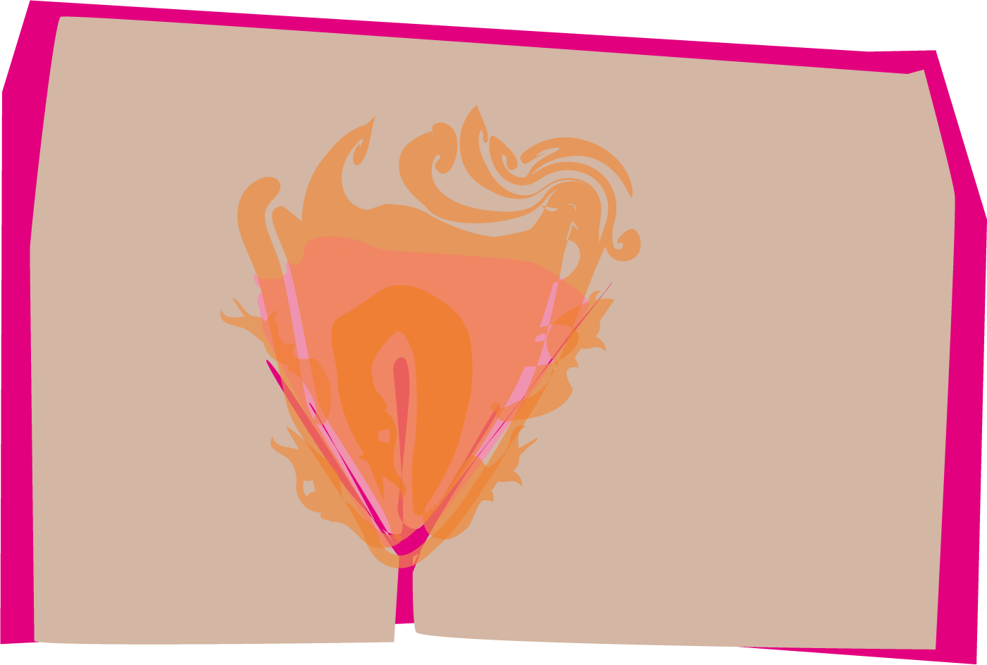 Illustration på en vulva i bruna, orangea och rosa toner.