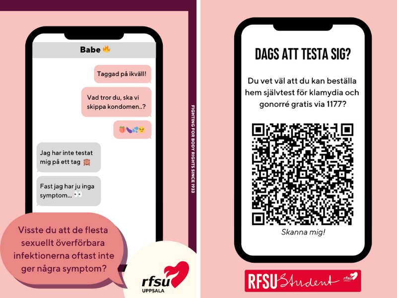Bild på telefoner med flyers och QR-kod om att testa sig för STI:s.