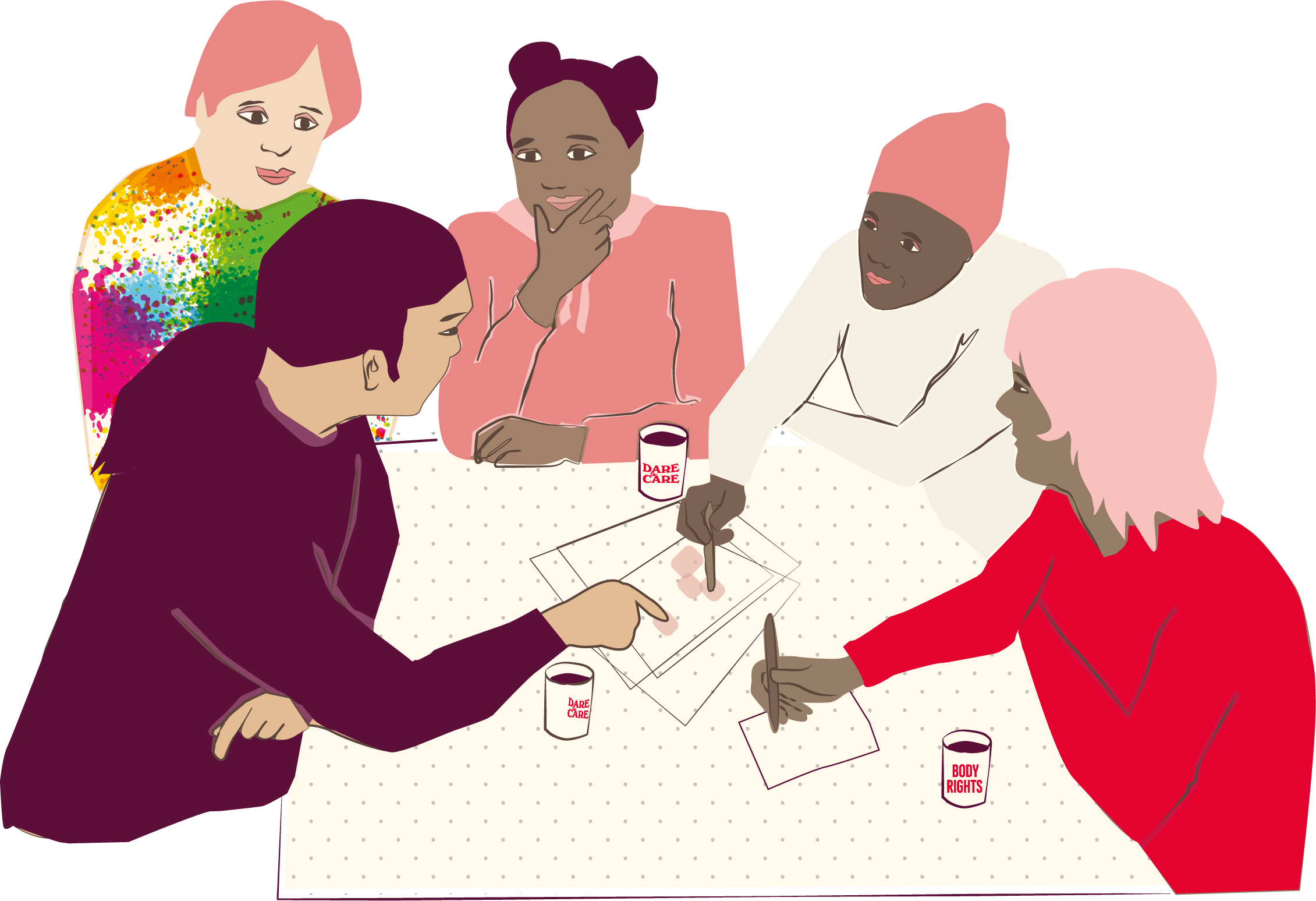 Illustration på en grupp människor som sitter vid ett bord och pratar och skriver.