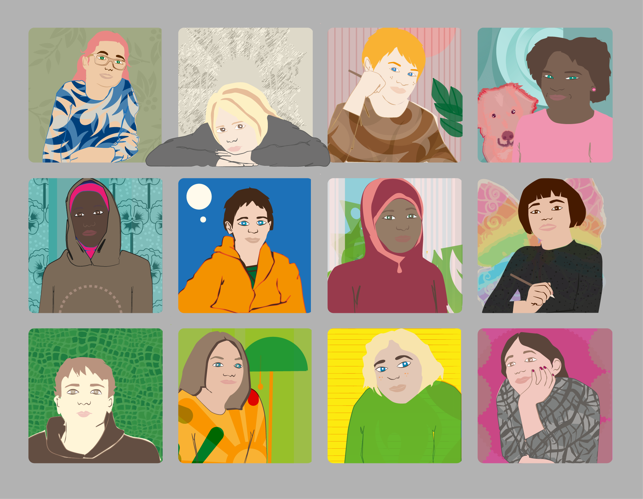 Illustration på en grå skärm med ett digitalt möte med 12 personer uppkopplade.