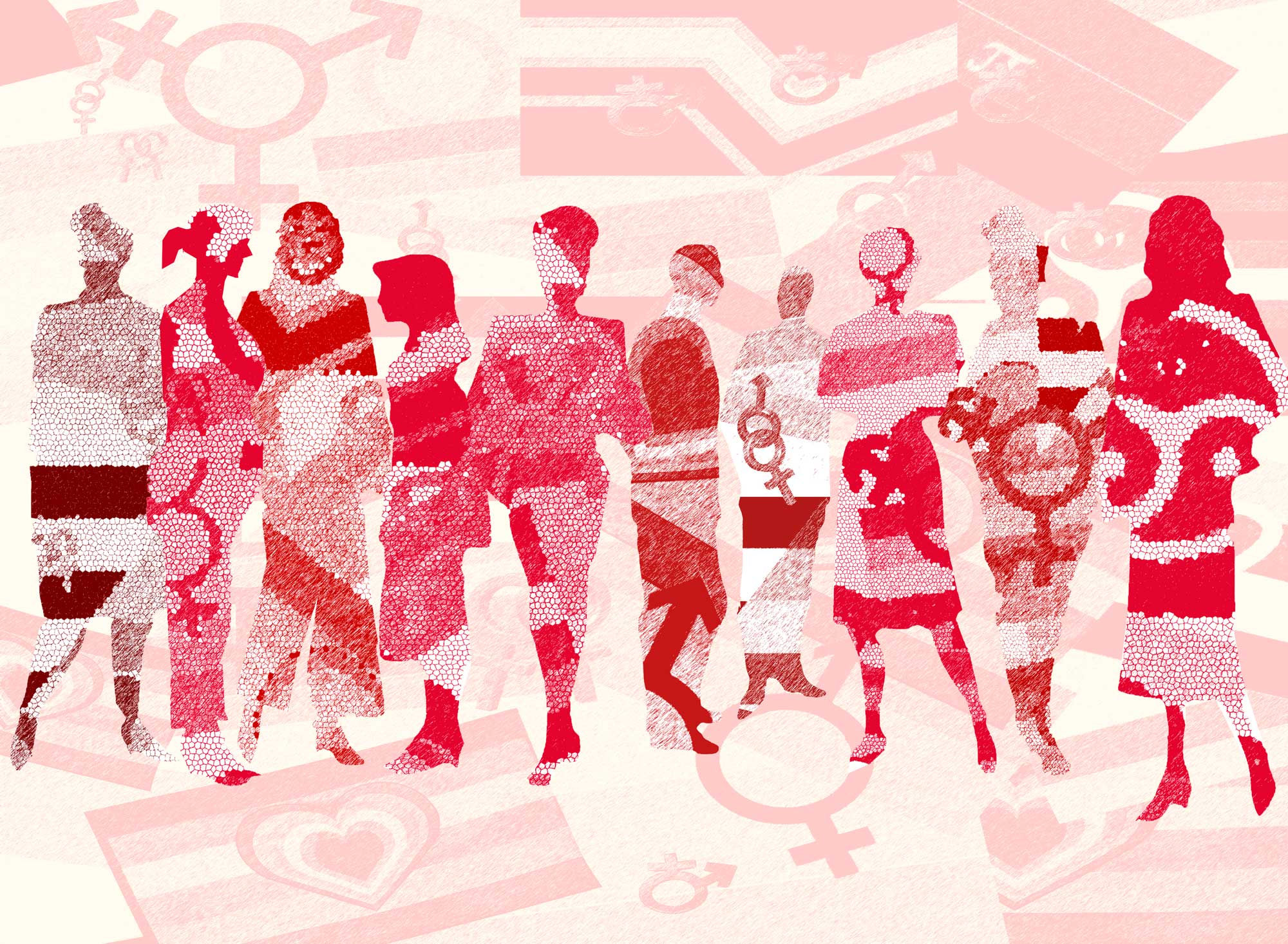 Illustration på en siluetter på människor i röda, rosa och beiga färger och kvinna, man och transsymboler.