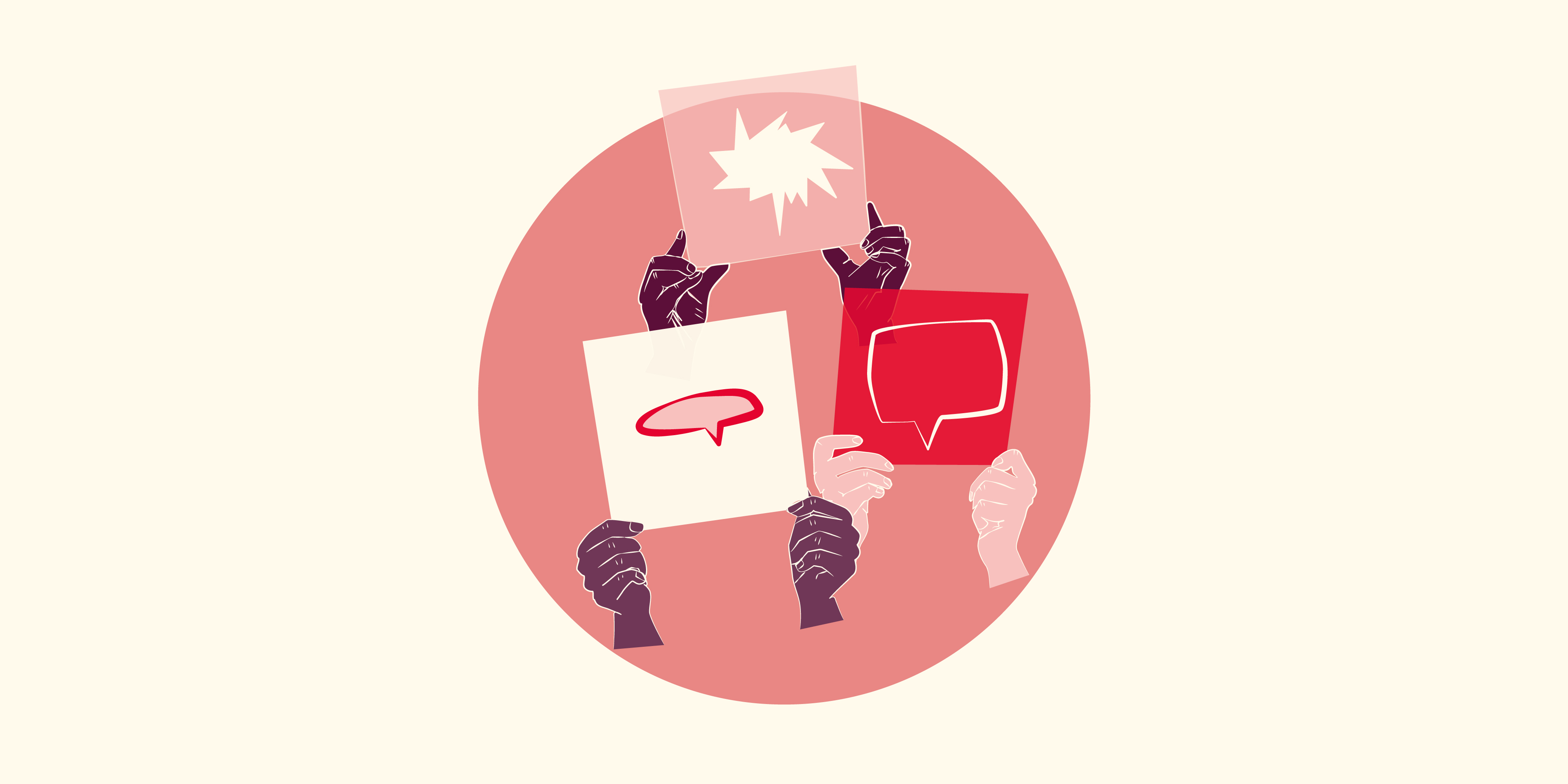 Illustration of three set of hands holding signs with speaking bubbles.
