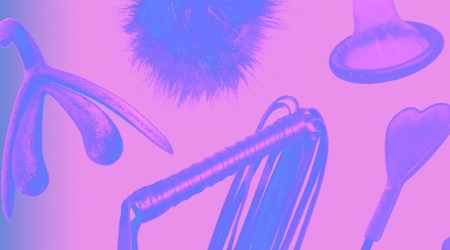 Rosa och lila kollage av olika saker som kan förnkippas med sex