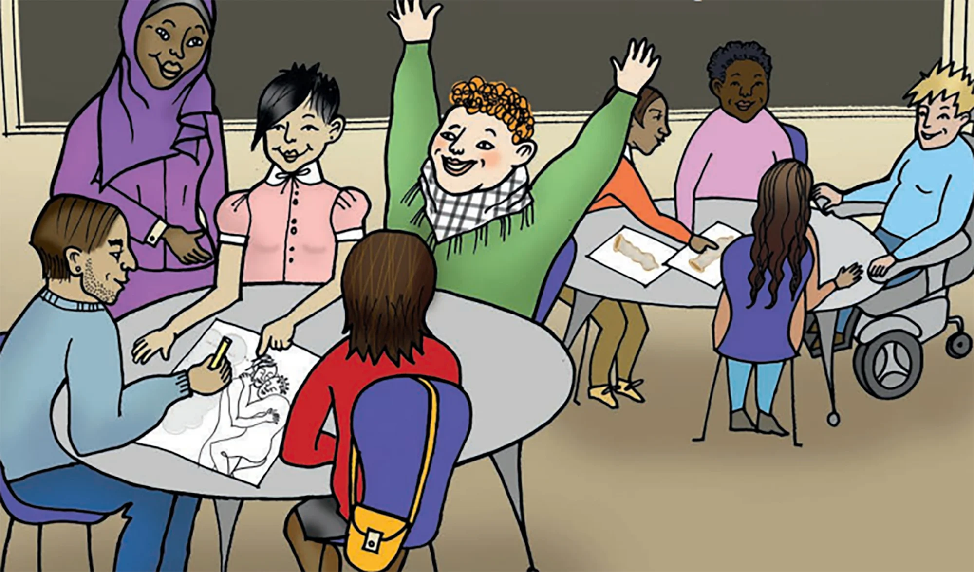 Illustration på elever so sitter runt två runda bord och umgås